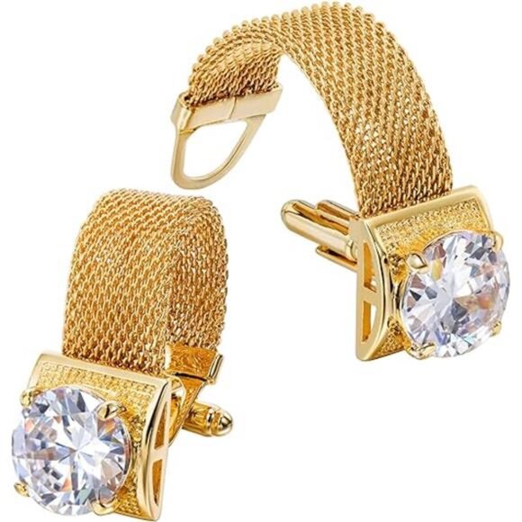 Mens Cufflinks with Chain - Stone and Shiny Gold Tone Shirt Accessories - Picture 6 of 6